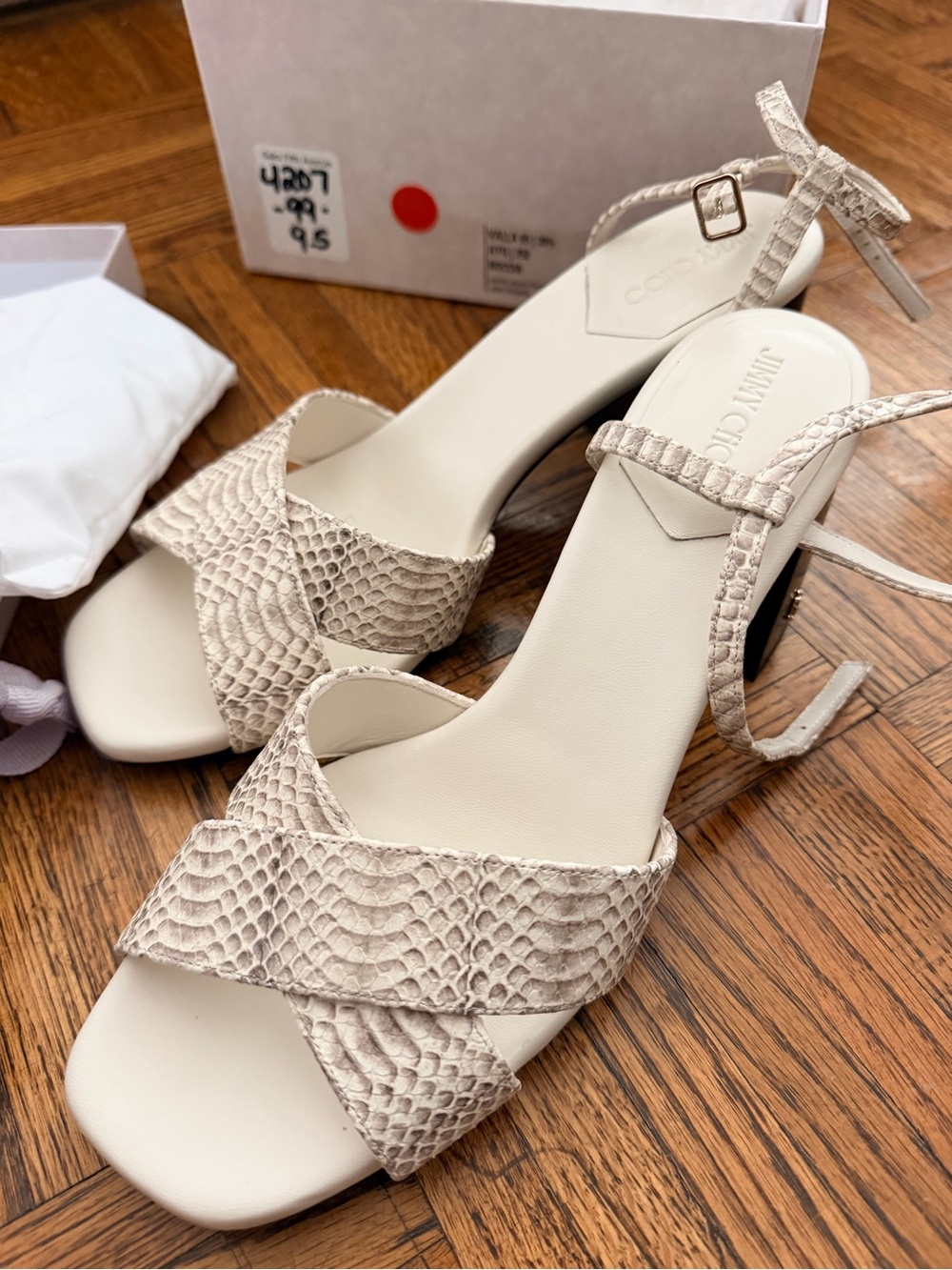 Jimmy Choo Valla Sandal Heels (Snake Printed Leather - 9.5)